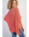 Fresh Salmon Rolled Cuffs Loose Knit Tee with Slits - L