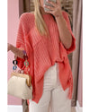 Fresh Salmon Rolled Cuffs Loose Knit Tee with Slits - L