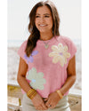 Pink Multi Crochet Flower Knit Short Sleeve Sweater Top - XL
