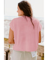 Pink Multi Crochet Flower Knit Short Sleeve Sweater Top - XL