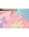 Pink Multi Crochet Flower Knit Short Sleeve Sweater Top - XL