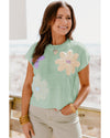 Moonlight Jade Multi Crochet Flower Knit Short Sleeve Sweater Top - XL
