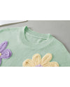 Moonlight Jade Multi Crochet Flower Knit Short Sleeve Sweater Top - XL