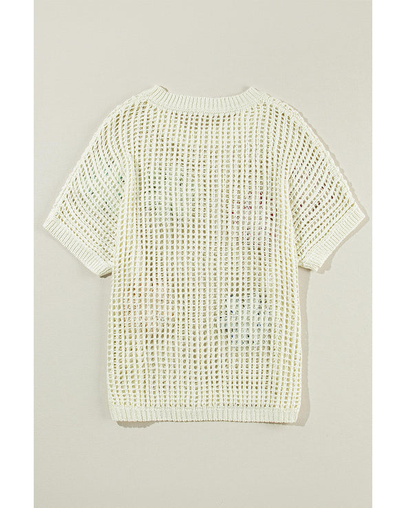 White Crochet Flower Hollow-out Sweater T Shirt - M