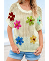 White Crochet Flower Hollow-out Sweater T Shirt - XL