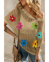 Light French Beige Crochet Flower Hollow-out Sweater T Shirt - L