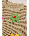 Light French Beige Crochet Flower Hollow-out Sweater T Shirt - L