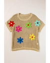 Light French Beige Crochet Flower Hollow-out Sweater T Shirt - L
