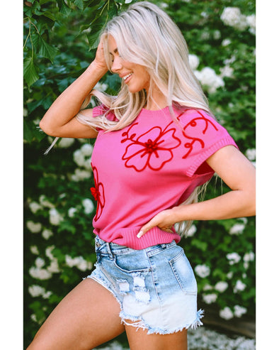 Bright Pink Flower Embroidery Short Sleeve Knitwear Top - XL