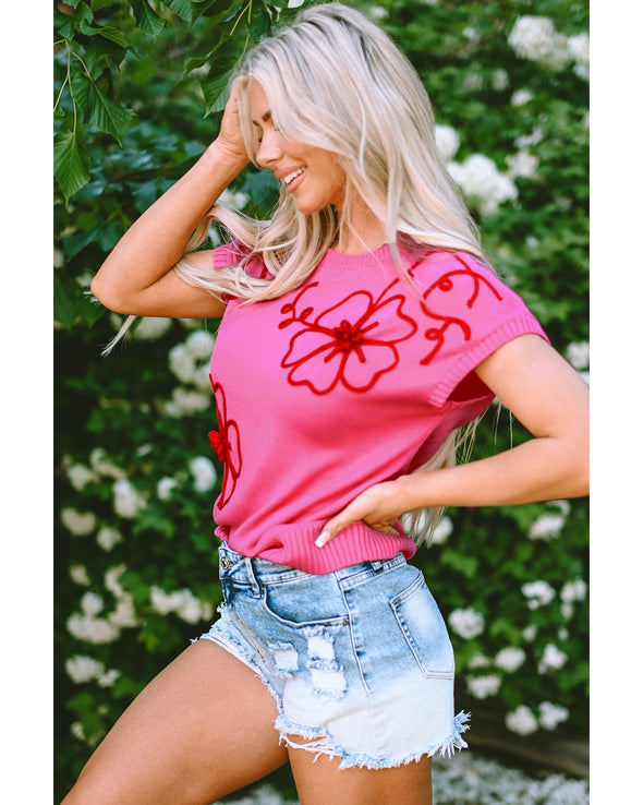 Bright Pink Flower Embroidery Short Sleeve Knitwear Top - XL