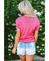 Bright Pink Flower Embroidery Short Sleeve Knitwear Top - XL