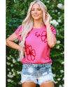 Bright Pink Flower Embroidery Short Sleeve Knitwear Top - XL