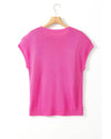 Bright Pink Flower Embroidery Short Sleeve Knitwear Top - XL