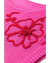 Bright Pink Flower Embroidery Short Sleeve Knitwear Top - XL