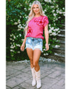 Bright Pink Flower Embroidery Short Sleeve Knitwear Top - XL