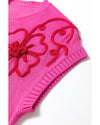 Bright Pink Flower Embroidery Short Sleeve Knitwear Top - XL