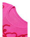 Bright Pink Flower Embroidery Short Sleeve Knitwear Top - XL