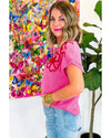 Bright Pink Flower Embroidery Short Sleeve Knitwear Top - XL