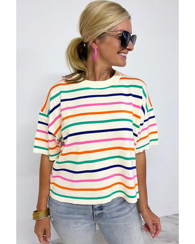Beige Stripe Dropped Short Sleeve Boxy Fit Knitted Top - L