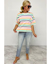 Beige Stripe Dropped Short Sleeve Boxy Fit Knitted Top - L