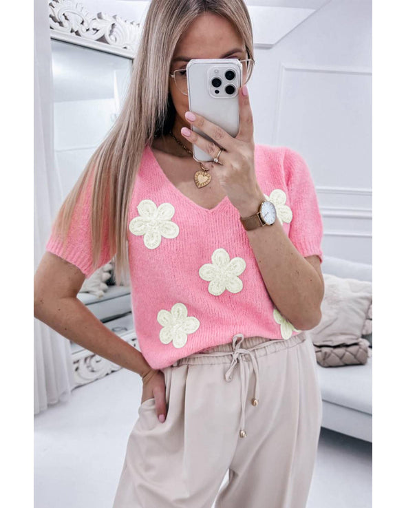 Pink Flower Crochet V Neck Short Sleeve Sweater - L