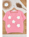 Pink Flower Crochet V Neck Short Sleeve Sweater - M