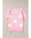 Pink Flower Crochet V Neck Short Sleeve Sweater - M