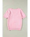 Pink Flower Crochet V Neck Short Sleeve Sweater - M