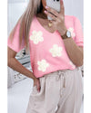 Pink Flower Crochet V Neck Short Sleeve Sweater - M