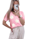Pink Flower Crochet V Neck Short Sleeve Sweater - M