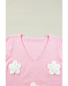 Pink Flower Crochet V Neck Short Sleeve Sweater - M