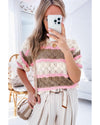 Brown Stripe Color Block Hollow Out Crochet Half Sleeve Sweater - M