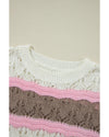 Brown Stripe Color Block Hollow Out Crochet Half Sleeve Sweater - M
