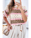 Brown Stripe Color Block Hollow Out Crochet Half Sleeve Sweater - M