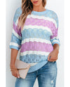 Purple Stripe Color Block Hollow Out Crochet Half Sleeve Sweater - L