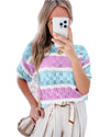 Purple Stripe Color Block Hollow Out Crochet Half Sleeve Sweater - S