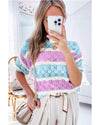 Purple Stripe Color Block Hollow Out Crochet Half Sleeve Sweater - XL