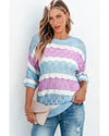 Purple Stripe Color Block Hollow Out Crochet Half Sleeve Sweater - XL