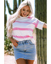 Pink Stripe Dropped Short Sleeve Lightweight Knitted Top - XL