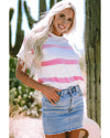 Pink Stripe Dropped Short Sleeve Lightweight Knitted Top - XL