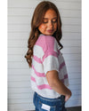 Pink Stripe Dropped Short Sleeve Lightweight Knitted Top - XL