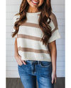 Khaki Stripe Dropped Short Sleeve Lightweight Knitted Top - L