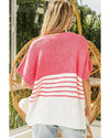 Strawberry Pink Contrast Stripes V Neck Knitted Short Sleeve Top - M