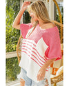 Strawberry Pink Contrast Stripes V Neck Knitted Short Sleeve Top - M