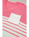 Strawberry Pink Contrast Stripes V Neck Knitted Short Sleeve Top - M