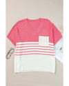 Strawberry Pink Contrast Stripes V Neck Knitted Short Sleeve Top - M