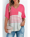 Strawberry Pink Contrast Stripes V Neck Knitted Short Sleeve Top - M