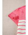 Strawberry Pink Contrast Stripes V Neck Knitted Short Sleeve Top - M