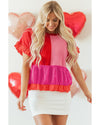 Tomato Red Mix Knitted Patchwork Ruffle Trim Loose Sweater - M