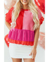 Tomato Red Mix Knitted Patchwork Ruffle Trim Loose Sweater - M